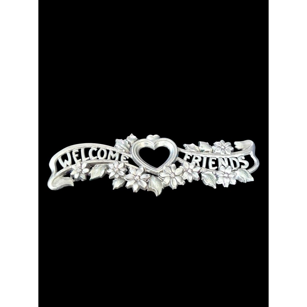 Vtg Home Interiors Cast Metal Welcome Friends Wall Sign Heart Flowers Gold Paint